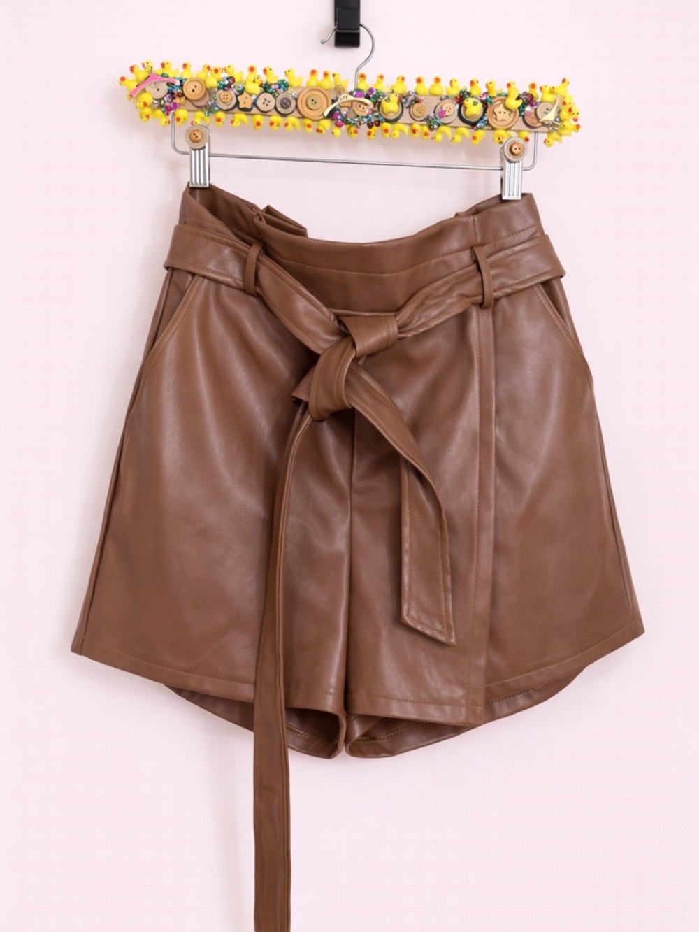iris Brown Faux Leather High-Waist Tie-Front Shorts